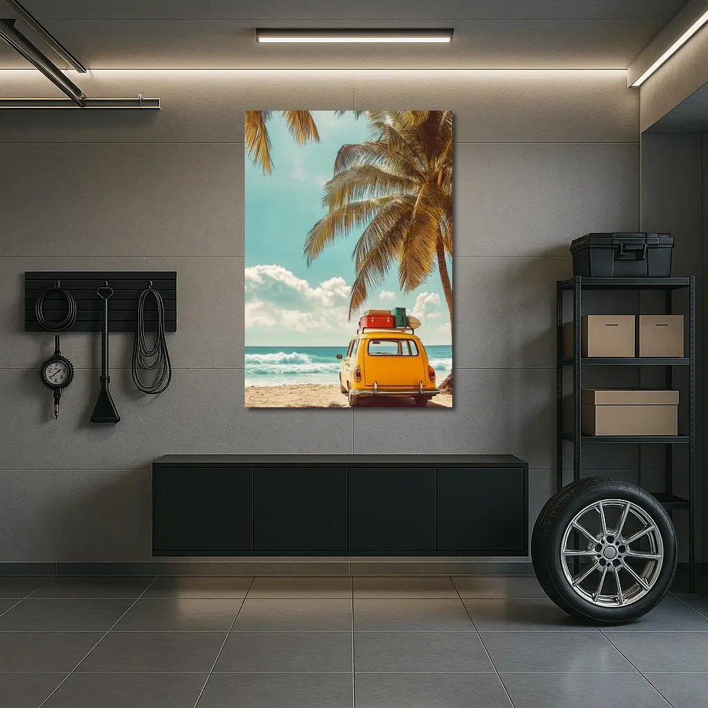 Yellow Vintage Car on Tropical Beach – Wall Art