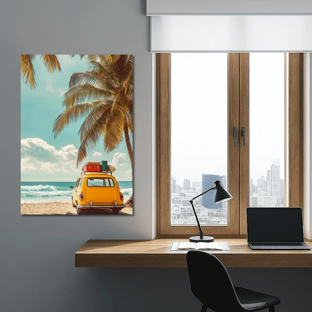 Yellow Vintage Car on Tropical Beach – Wall Art