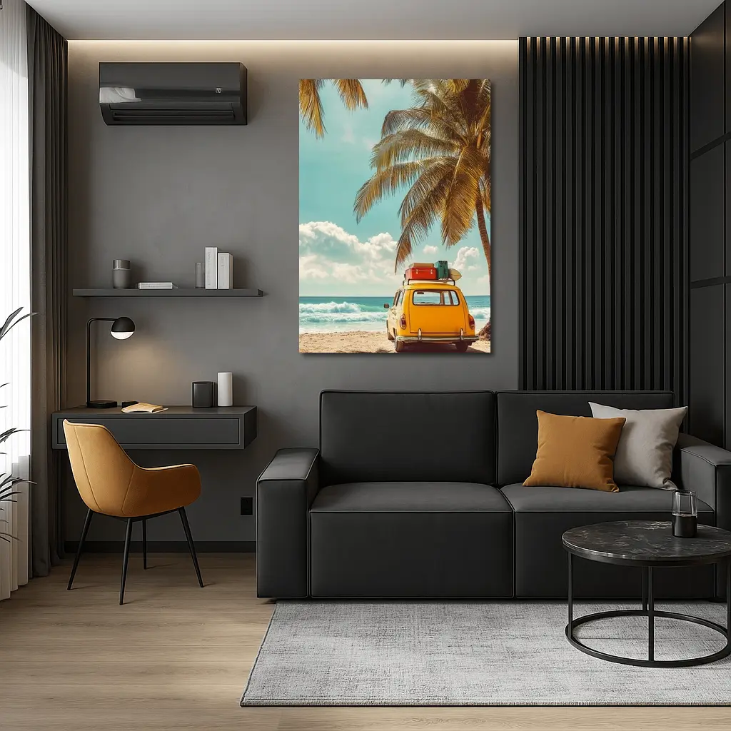 Yellow Vintage Car on Tropical Beach – Wall Art