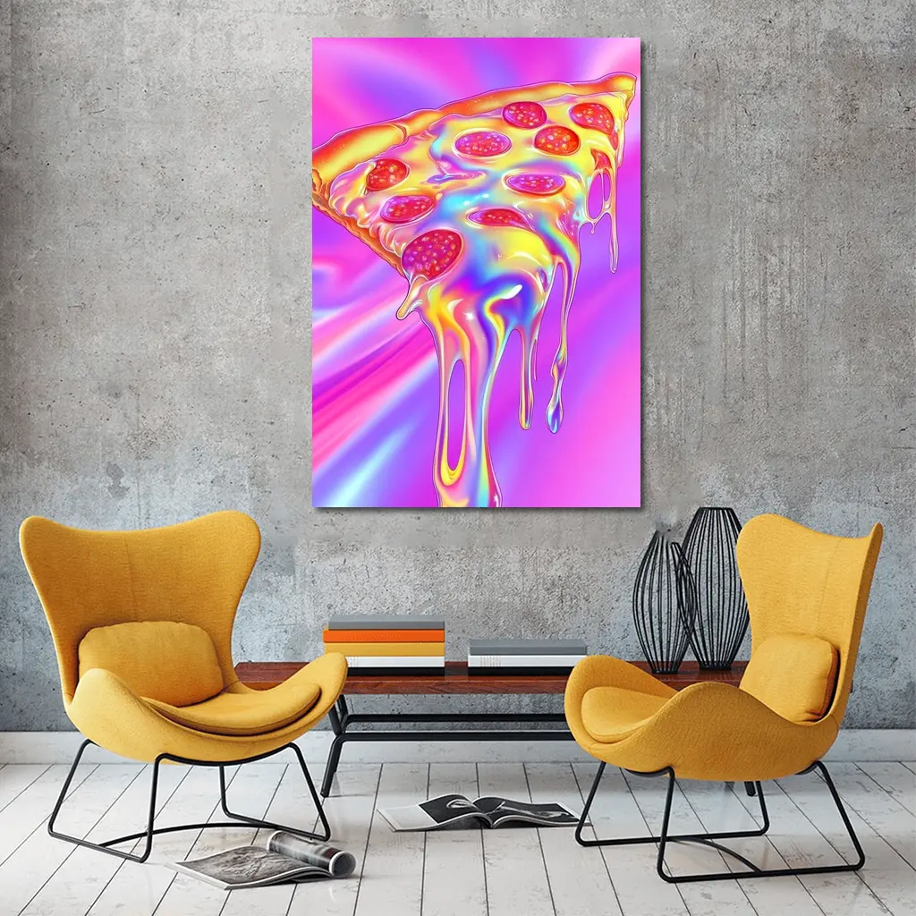 Holographic Dripping Pizza Slice Neon Background – Wall Art