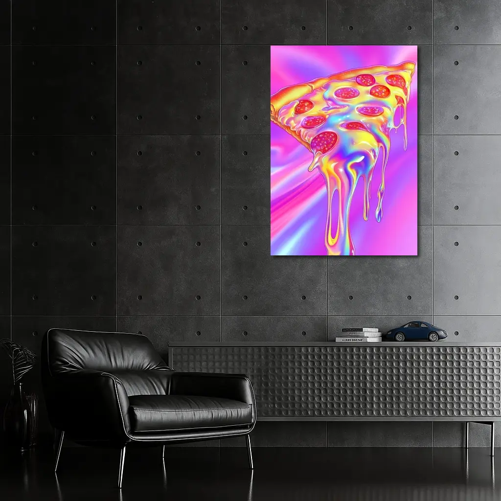 Holographic Dripping Pizza Slice Neon Background – Wall Art