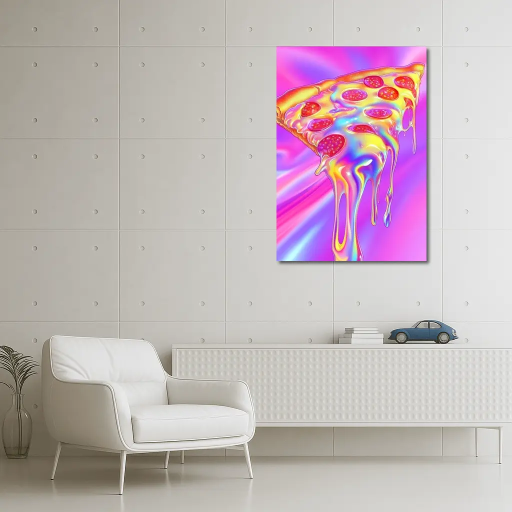 Holographic Dripping Pizza Slice Neon Background – Wall Art