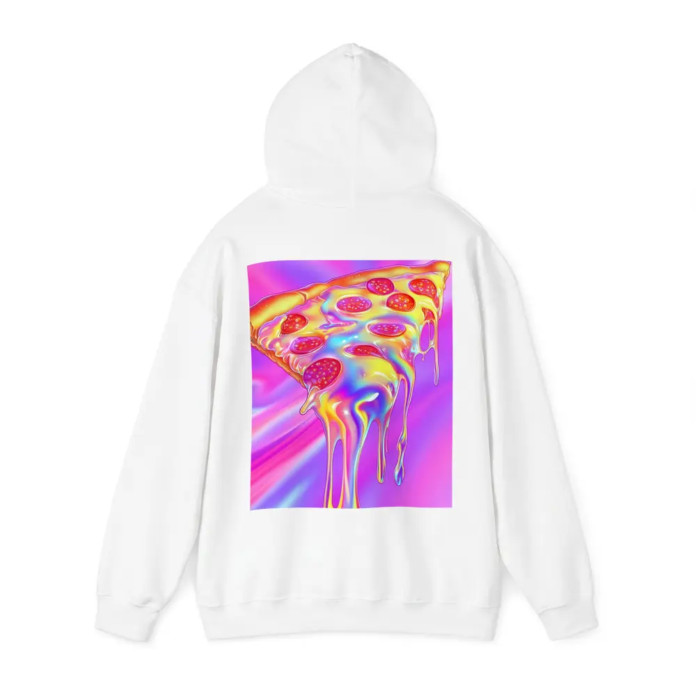 Holographic Dripping Pizza Slice Neon Background – Hoodies