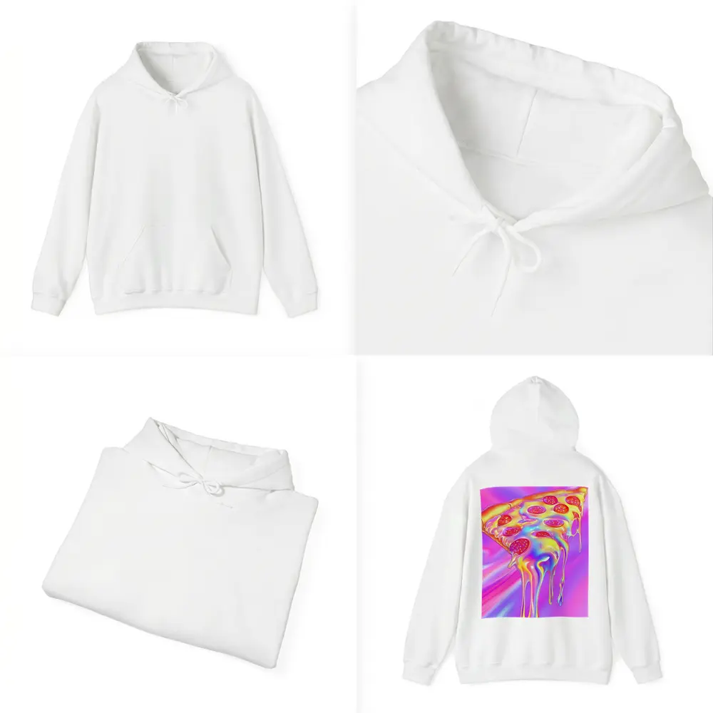 Holographic Dripping Pizza Slice Neon Background – Hoodies