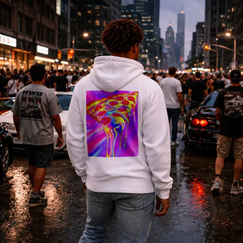 Holographic Dripping Pizza Slice Neon Background – Hoodies