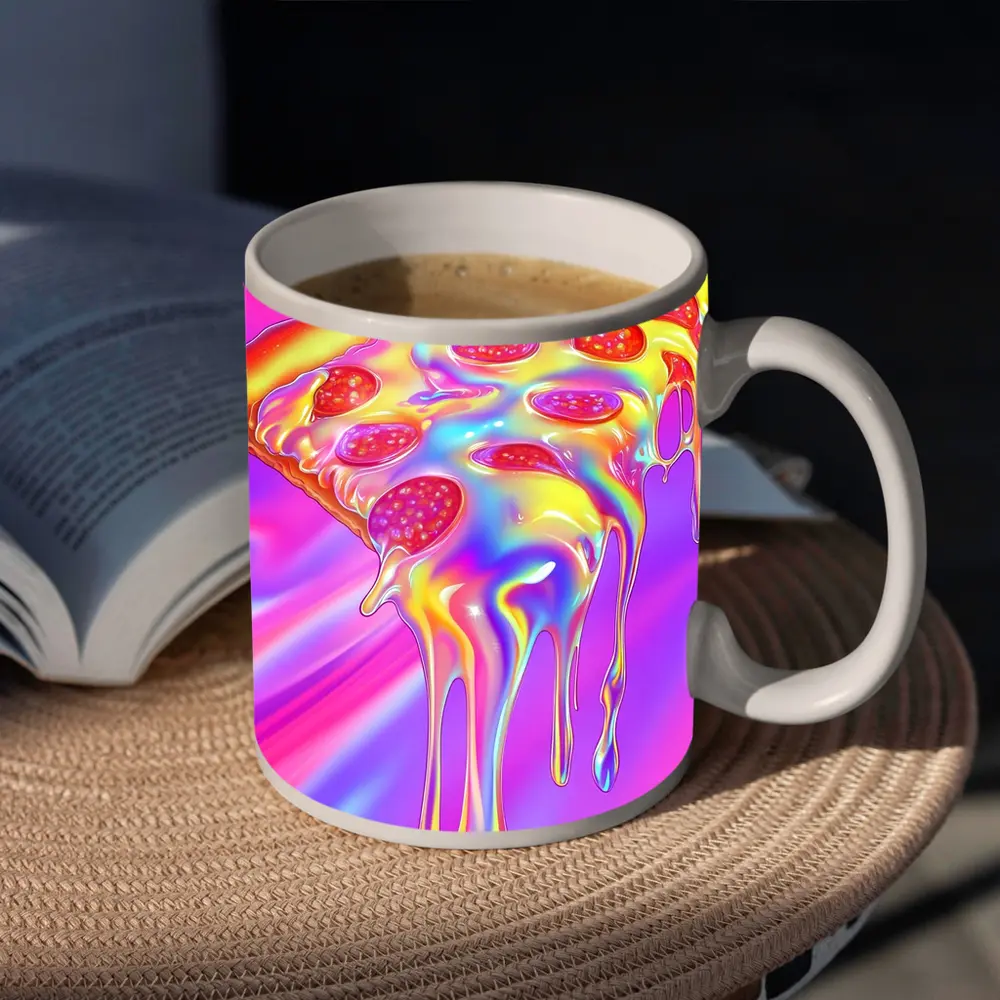 Holographic Dripping Pizza Slice Neon Background – Mugs