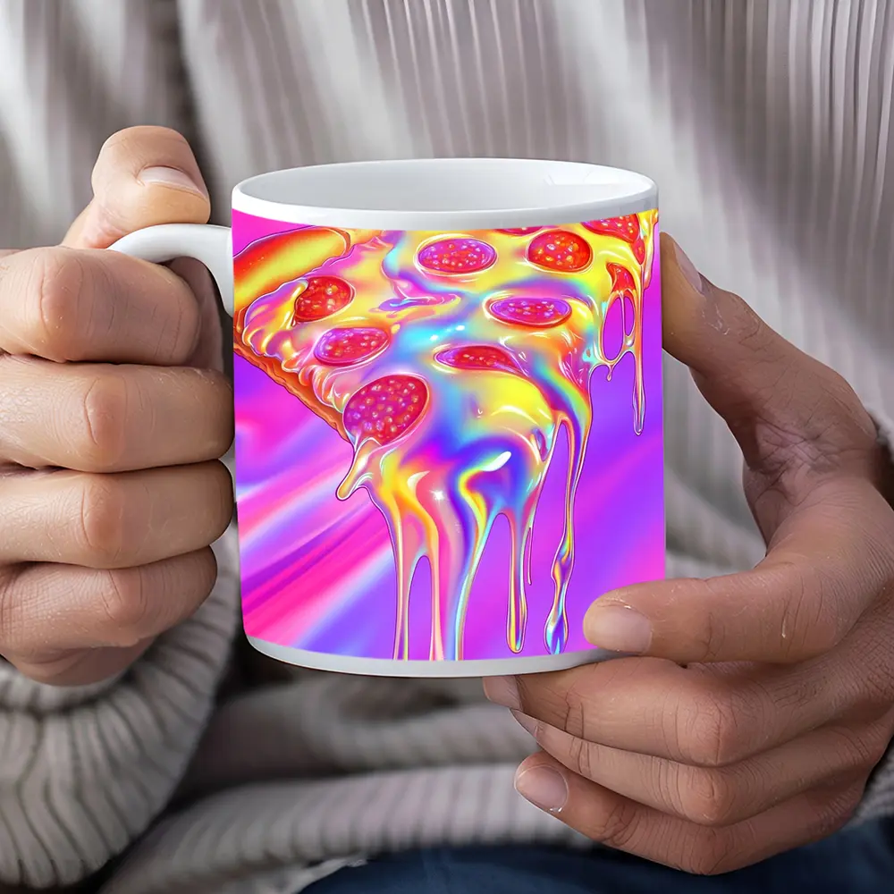 Holographic Dripping Pizza Slice Neon Background – Mugs