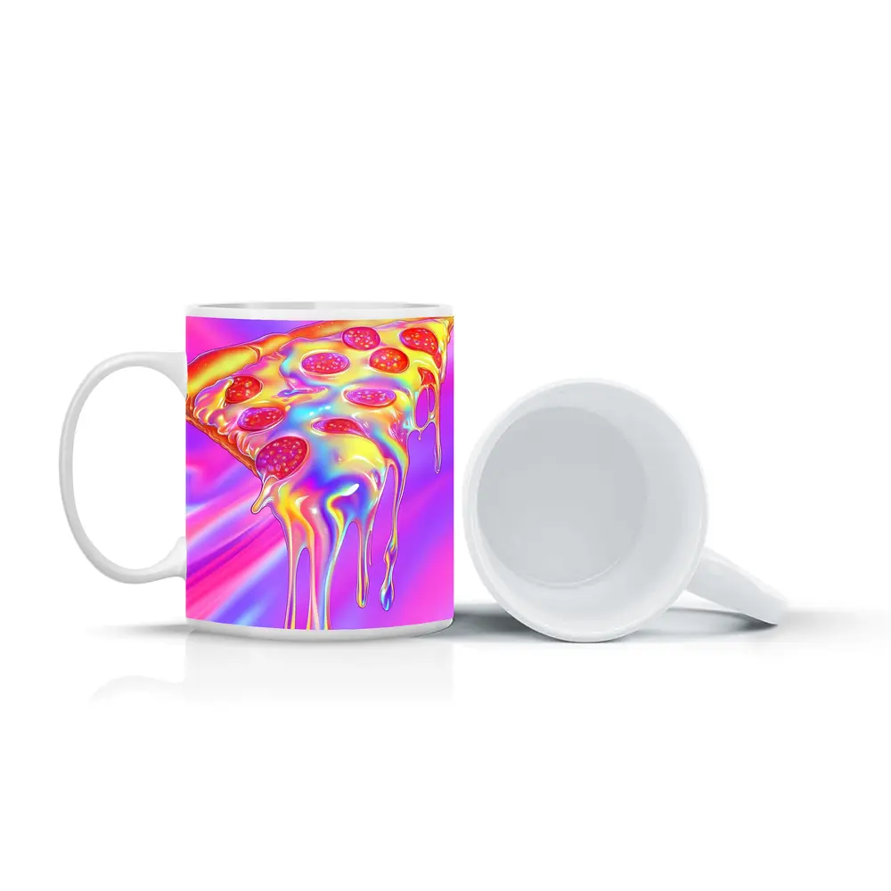 Holographic Dripping Pizza Slice Neon Background – Mugs