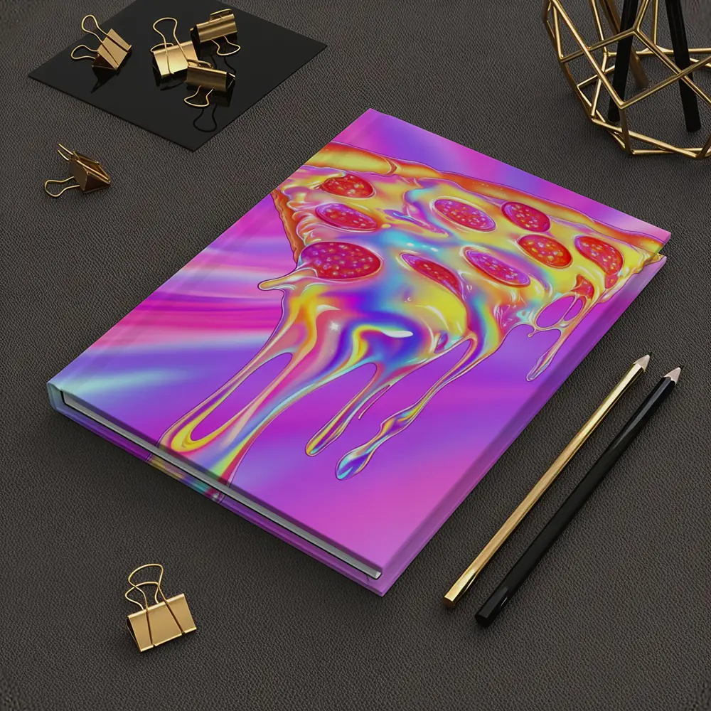 Holographic Dripping Pizza Slice Neon Background – Notebooks