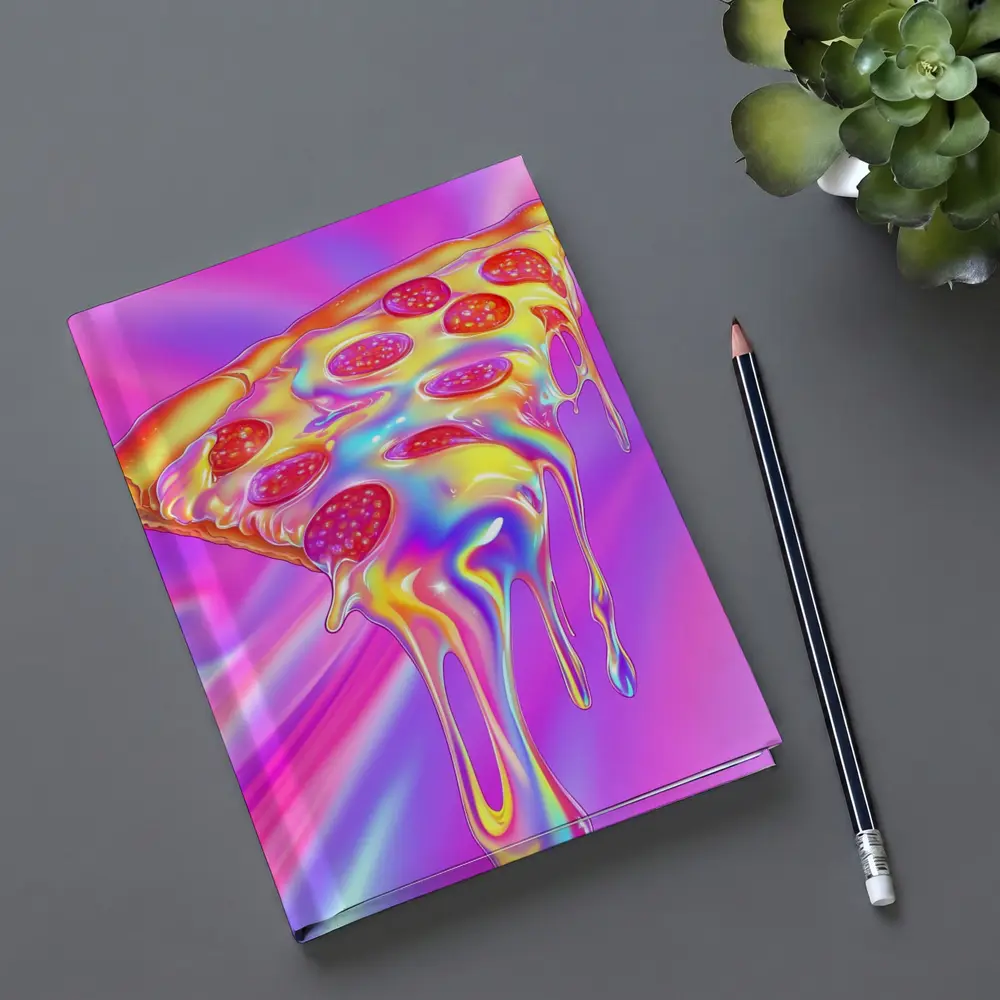 Holographic Dripping Pizza Slice Neon Background – Notebooks