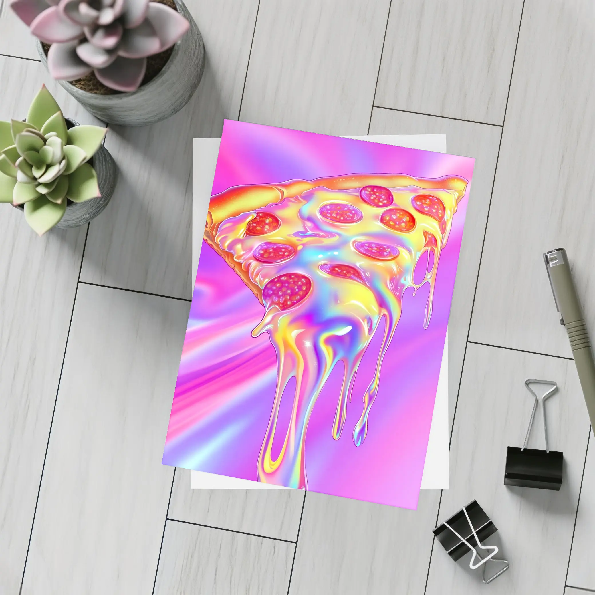 Holographic Dripping Pizza Slice Neon Background – Postcards