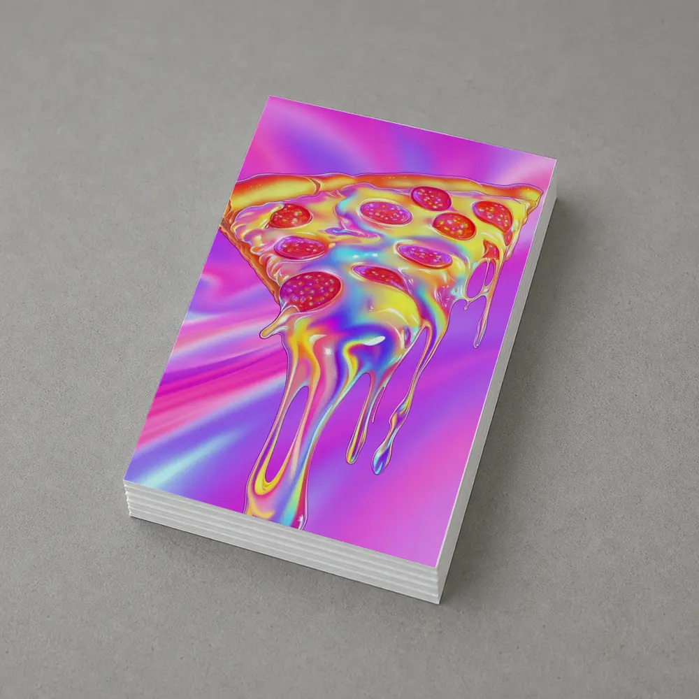 Holographic Dripping Pizza Slice Neon Background – Postcards