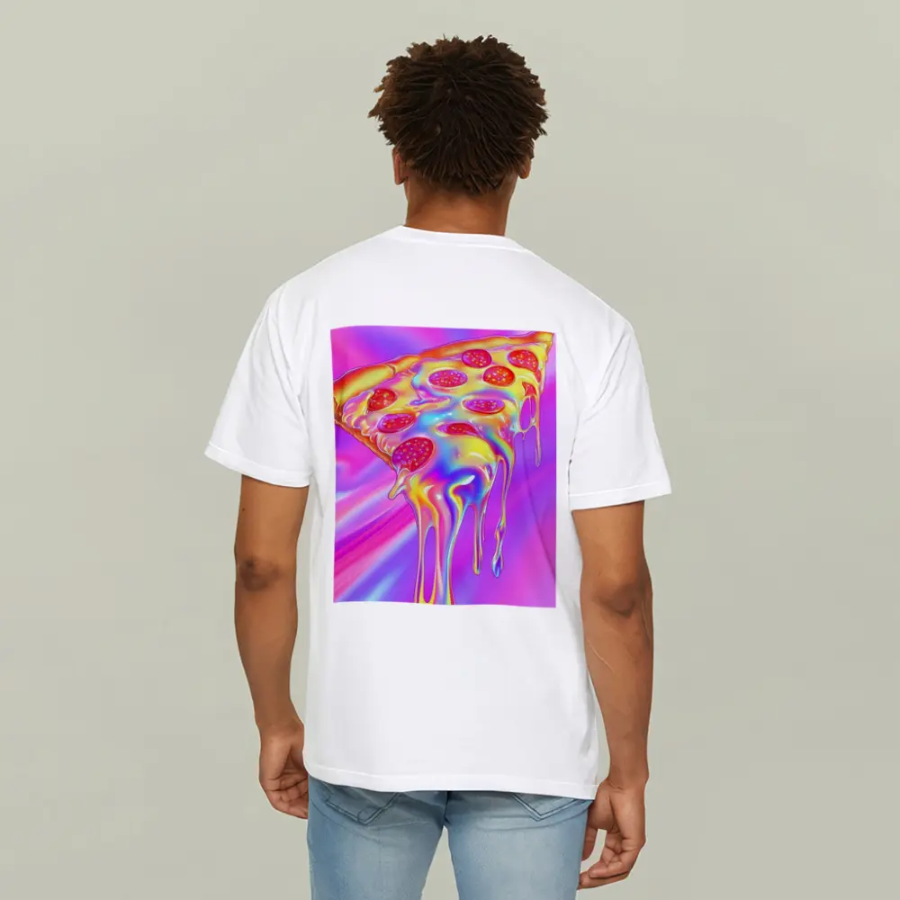 Holographic Dripping Pizza Slice Neon Background – T-Shirts