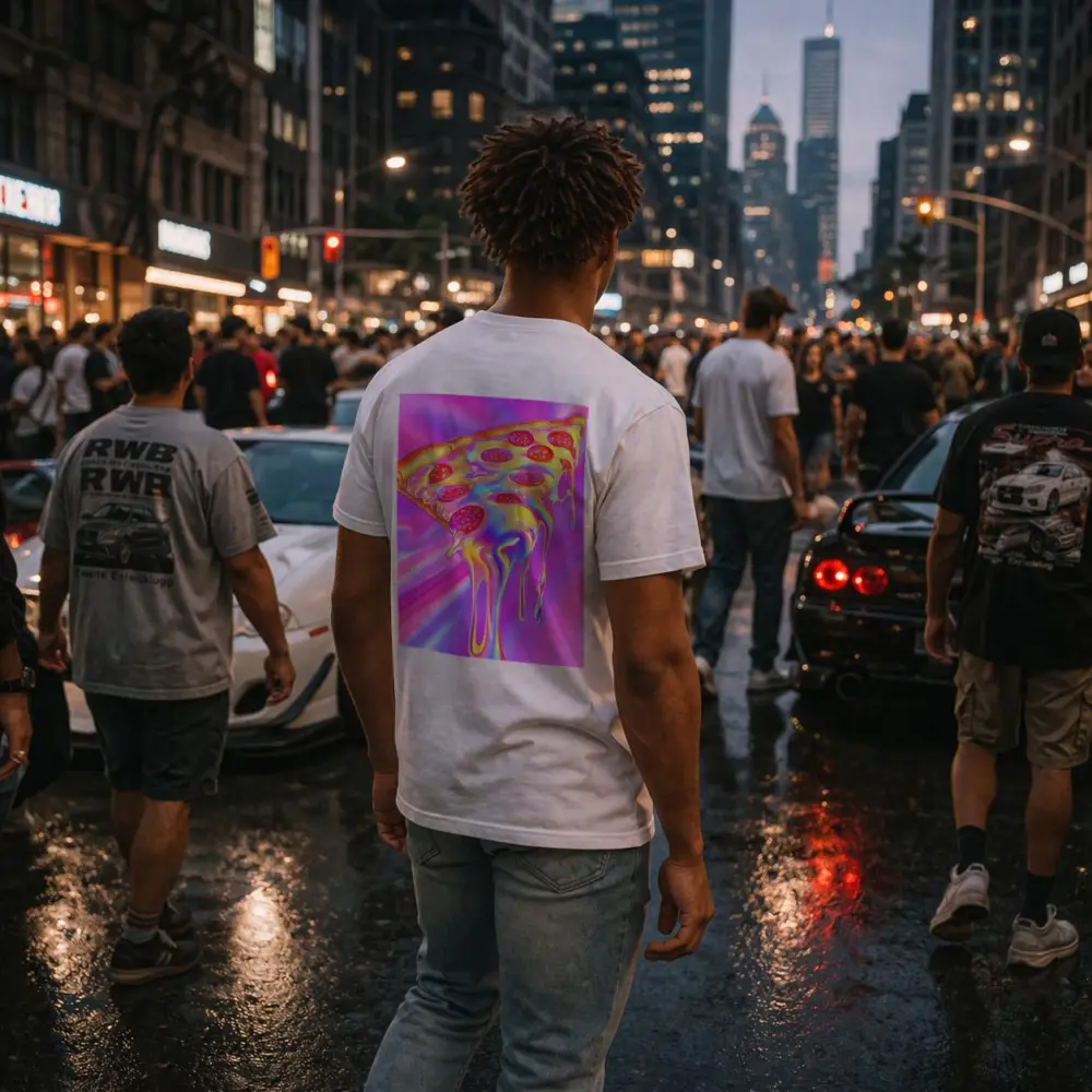 Holographic Dripping Pizza Slice Neon Background – T-Shirts