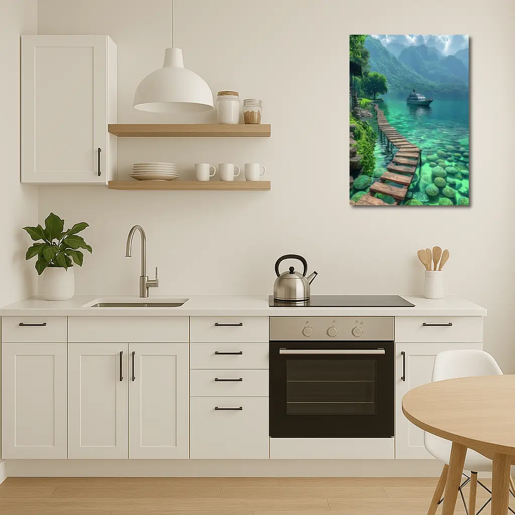 Turquoise Lake Wooden Dock Mountain Yacht – Wall Art