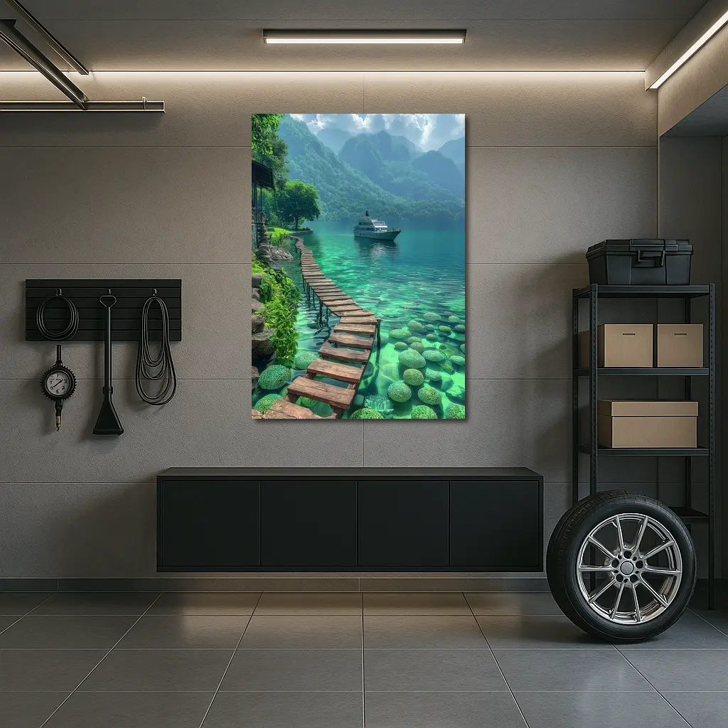 Turquoise Lake Wooden Dock Mountain Yacht – Wall Art