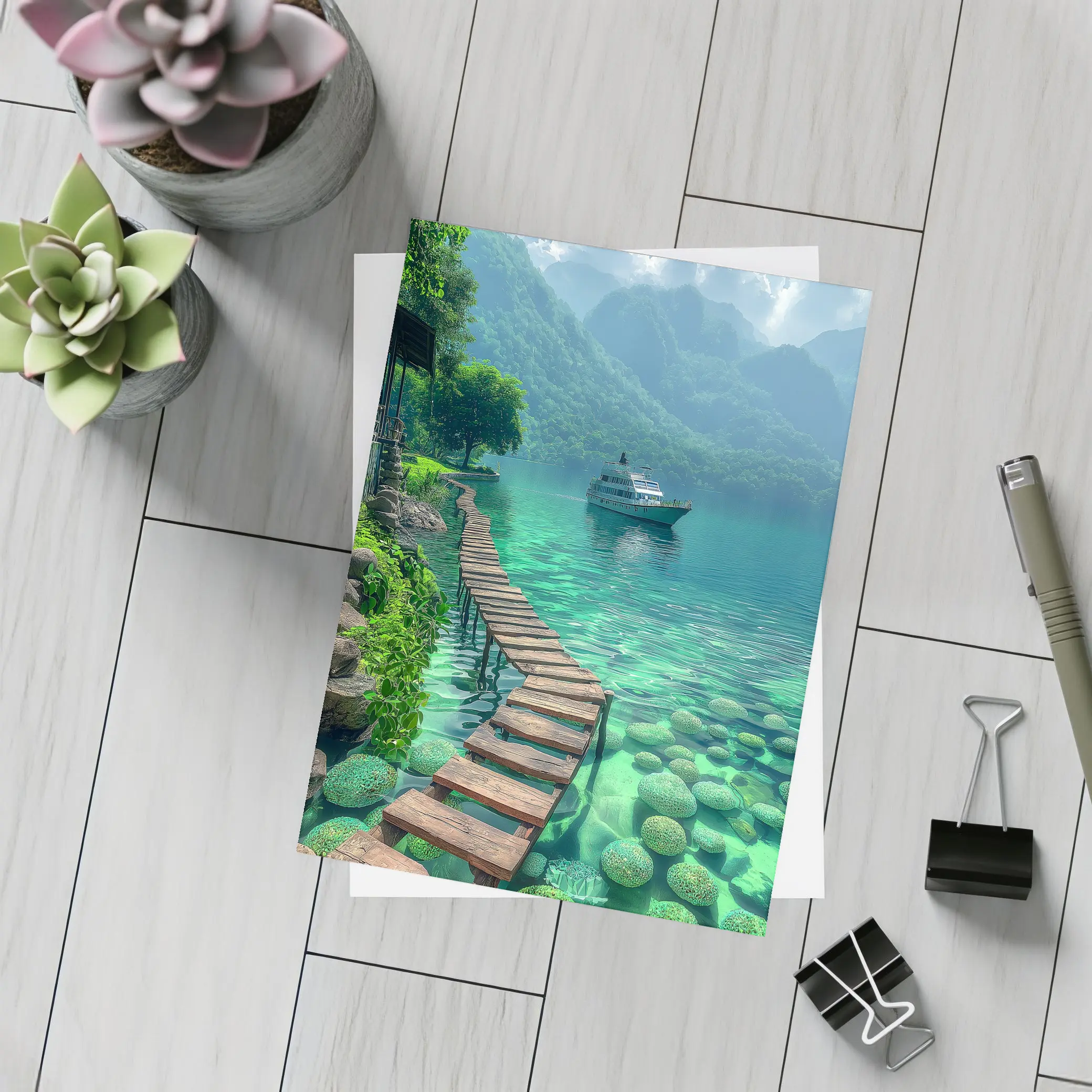 Turquoise Lake Wooden Dock Mountain Yacht – Postcards