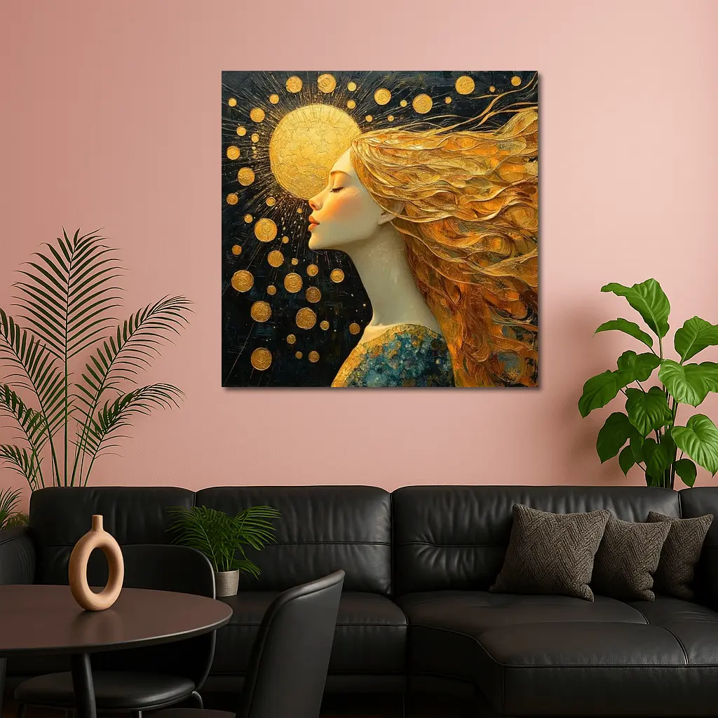 Golden Sun Woman Dark Abstract Art – Wall Art