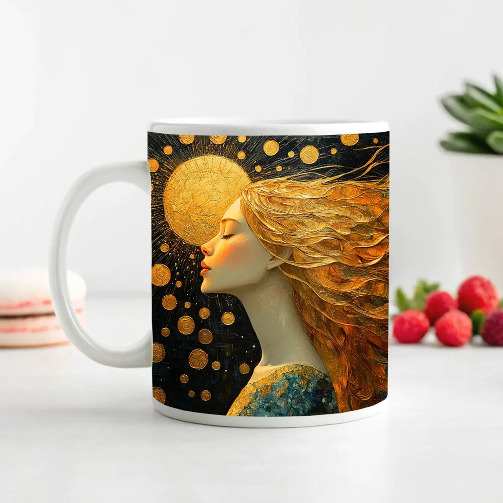 Golden Sun Woman Dark Abstract Art – Mugs