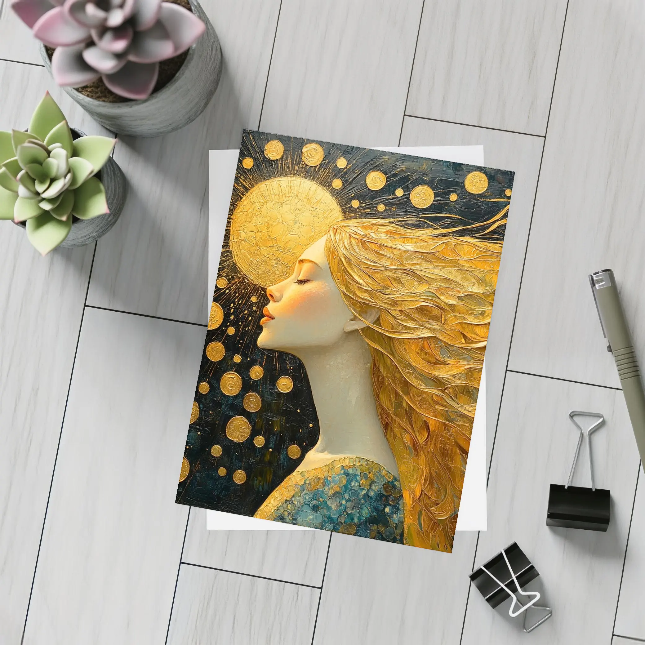 Golden Sun Woman Dark Abstract Art – Postcards