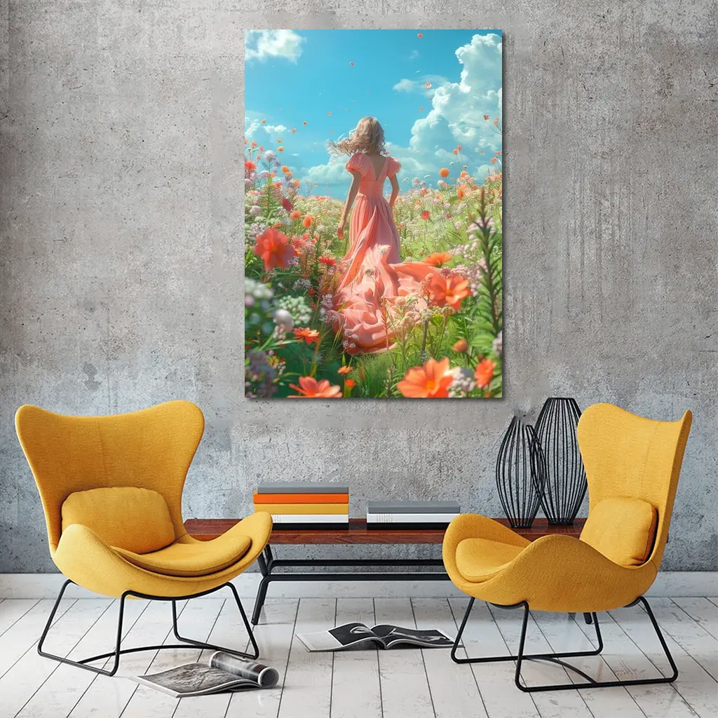 Woman in Pink Dress Walking Flower Field – Wall Art
