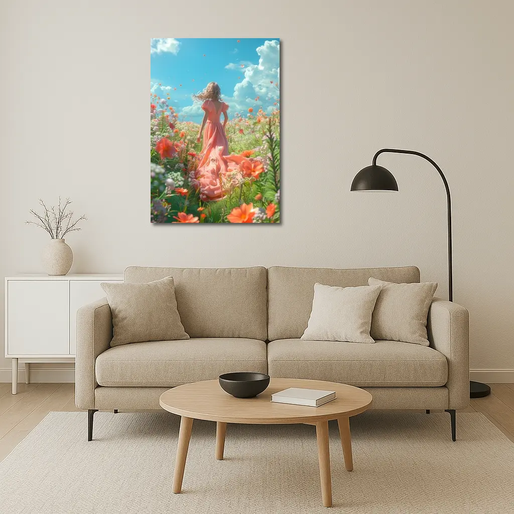 Woman in Pink Dress Walking Flower Field – Wall Art