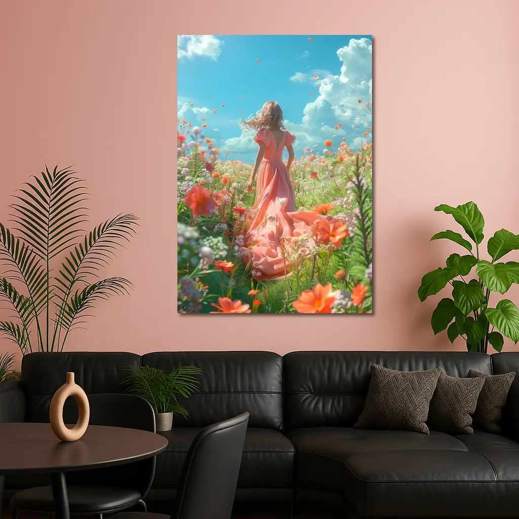 Woman in Pink Dress Walking Flower Field – Wall Art