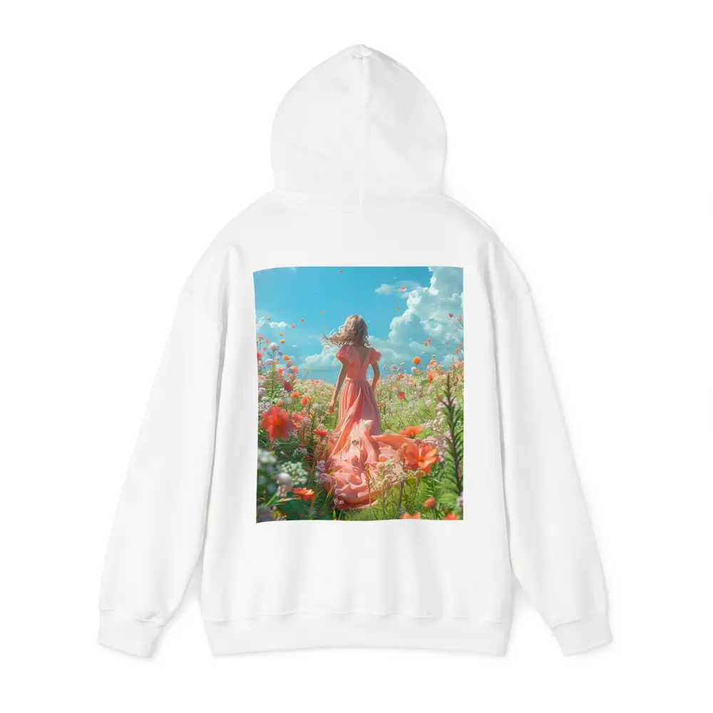 Woman in Pink Dress Walking Flower Field – Hoodies
