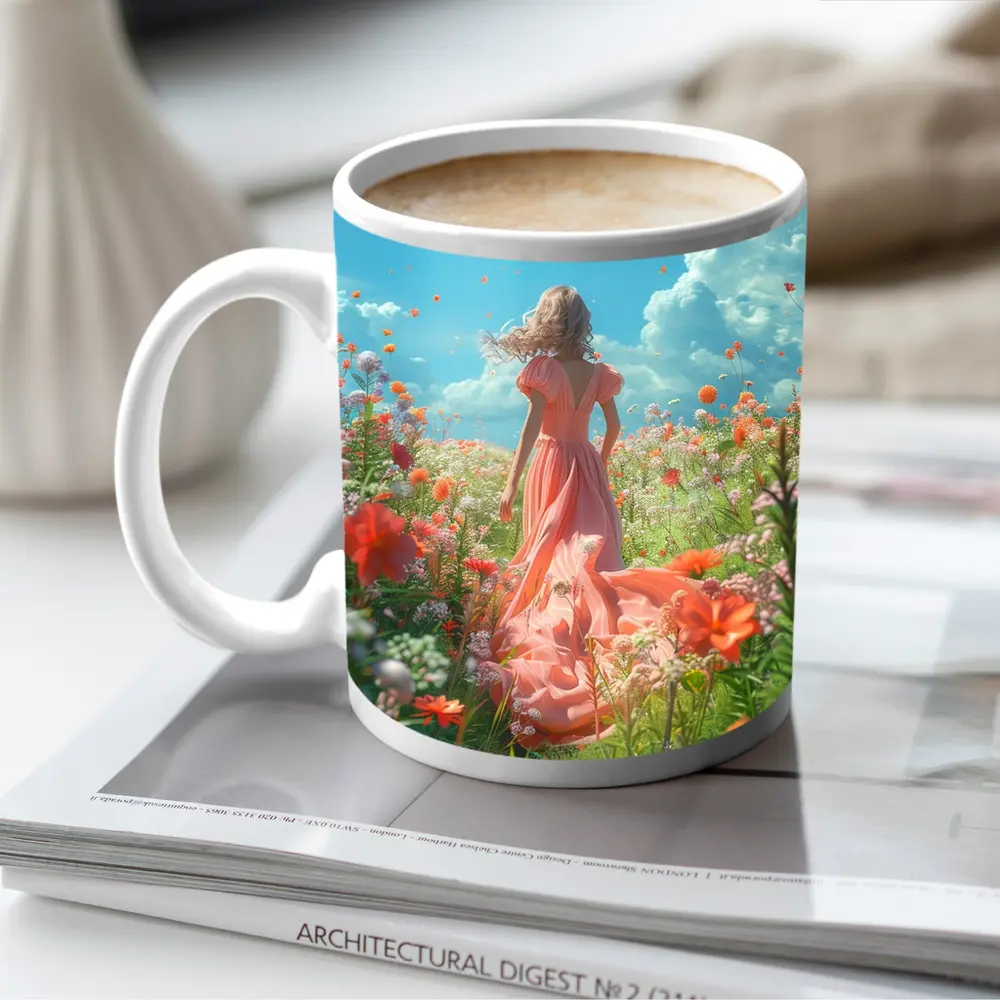 Woman in Pink Dress Walking Flower Field – Mugs
