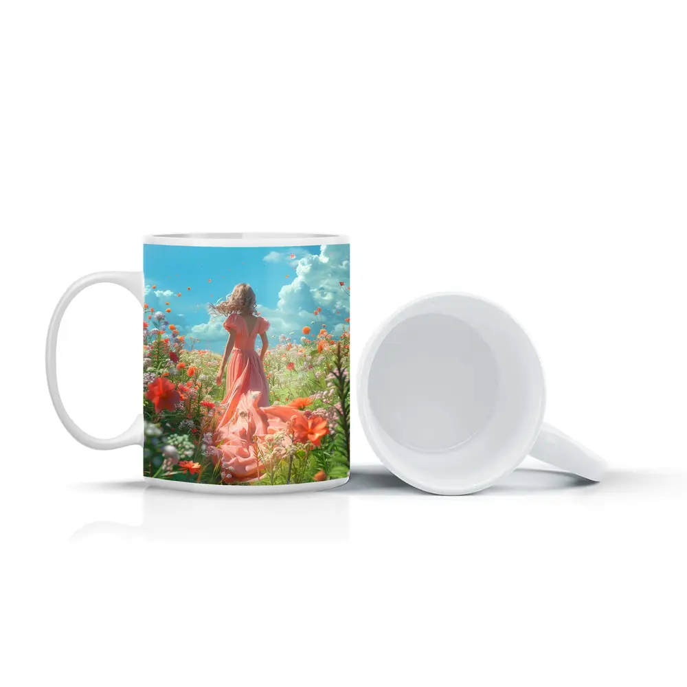 Woman in Pink Dress Walking Flower Field – Mugs