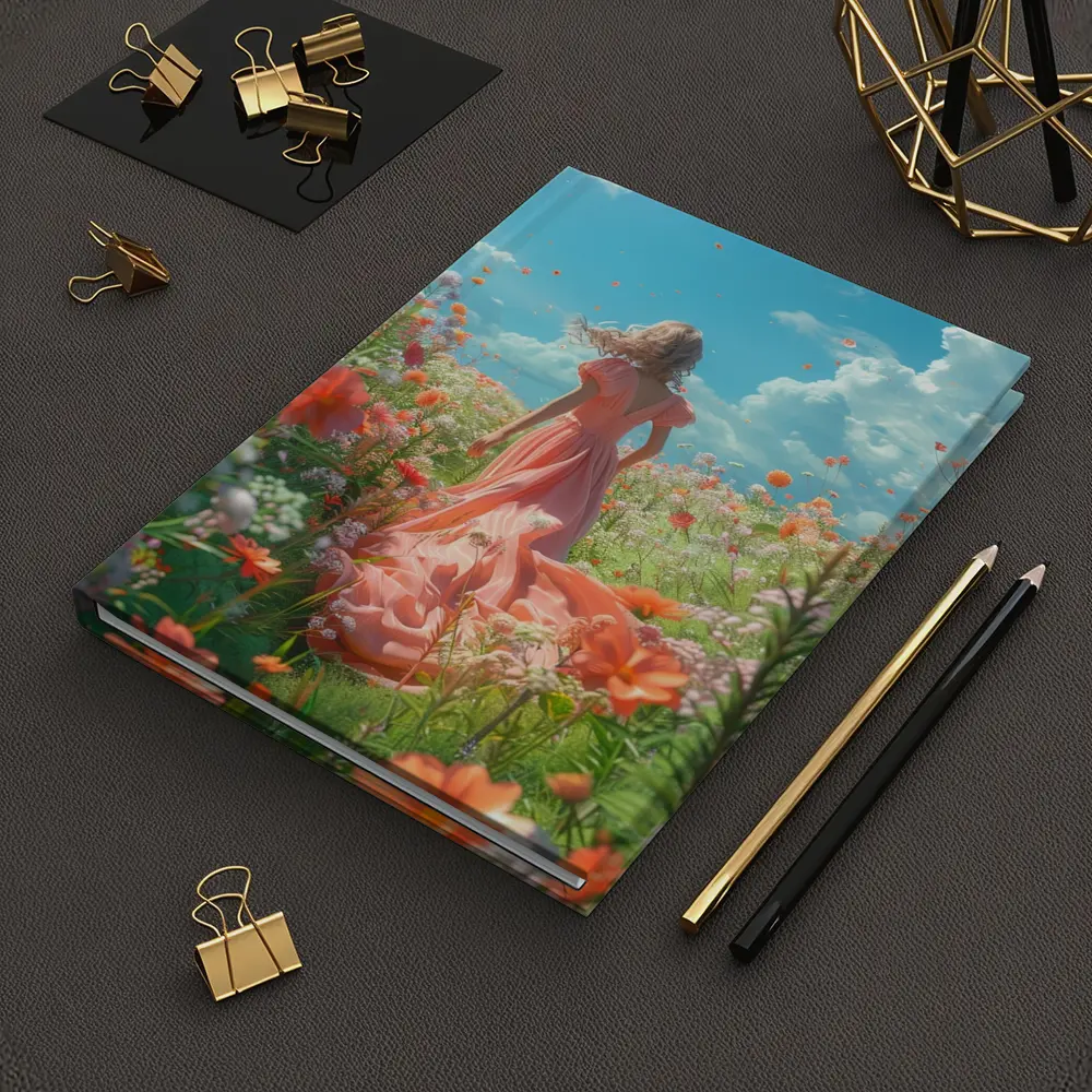 Woman in Pink Dress Walking Flower Field – Notebooks