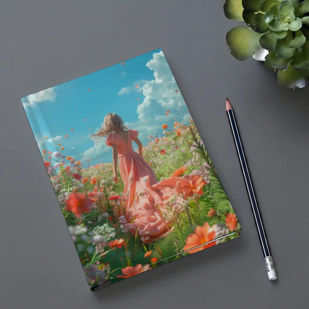 Woman in Pink Dress Walking Flower Field – Notebooks