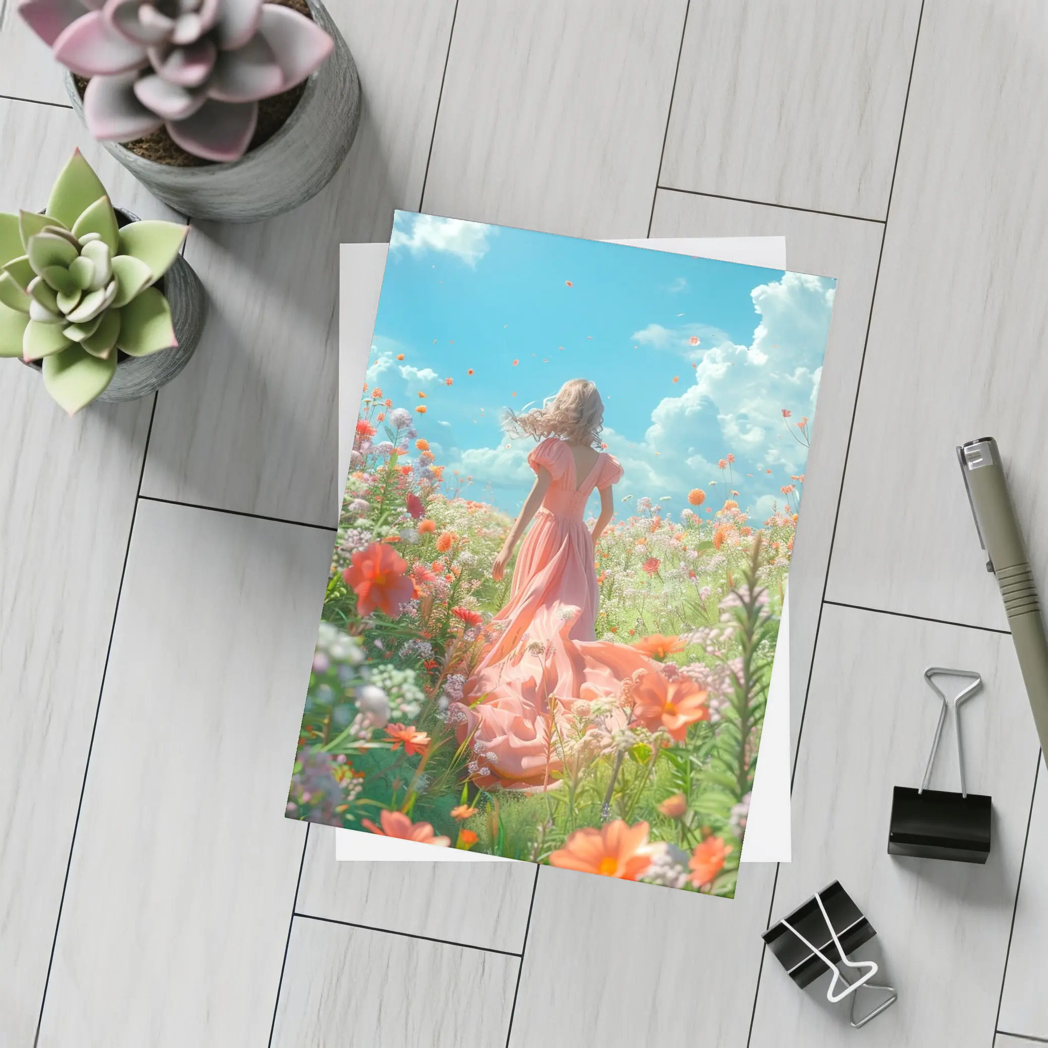 Woman in Pink Dress Walking Flower Field – Postcards