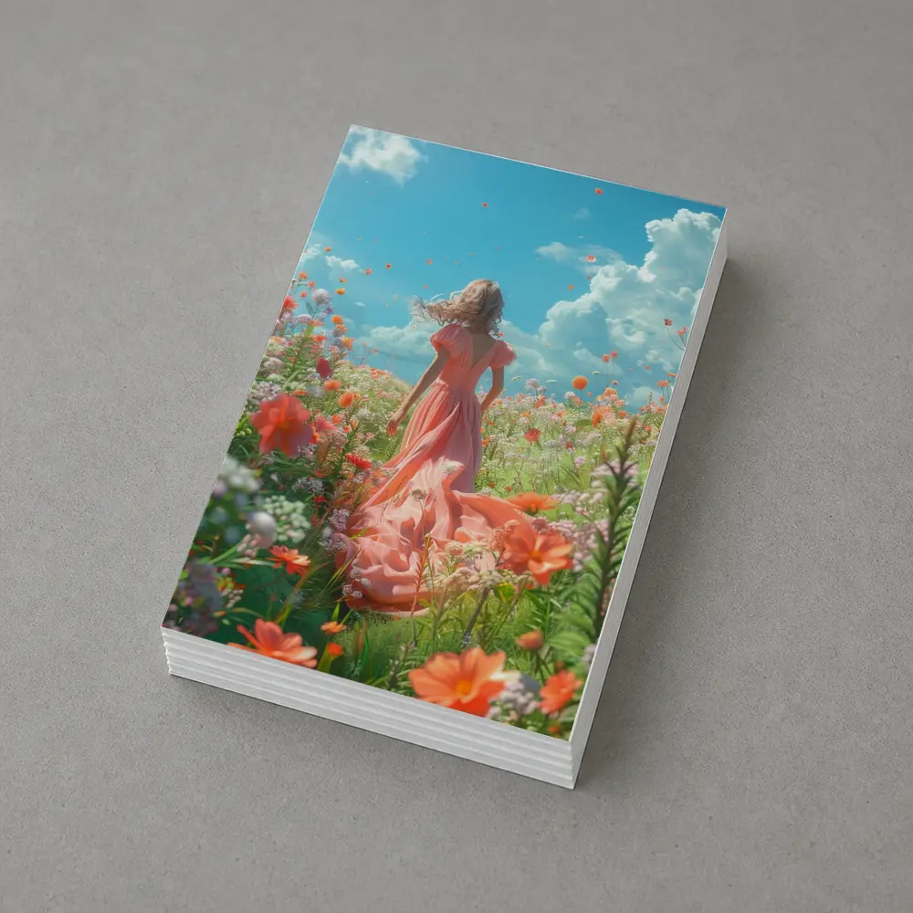 Woman in Pink Dress Walking Flower Field – Postcards