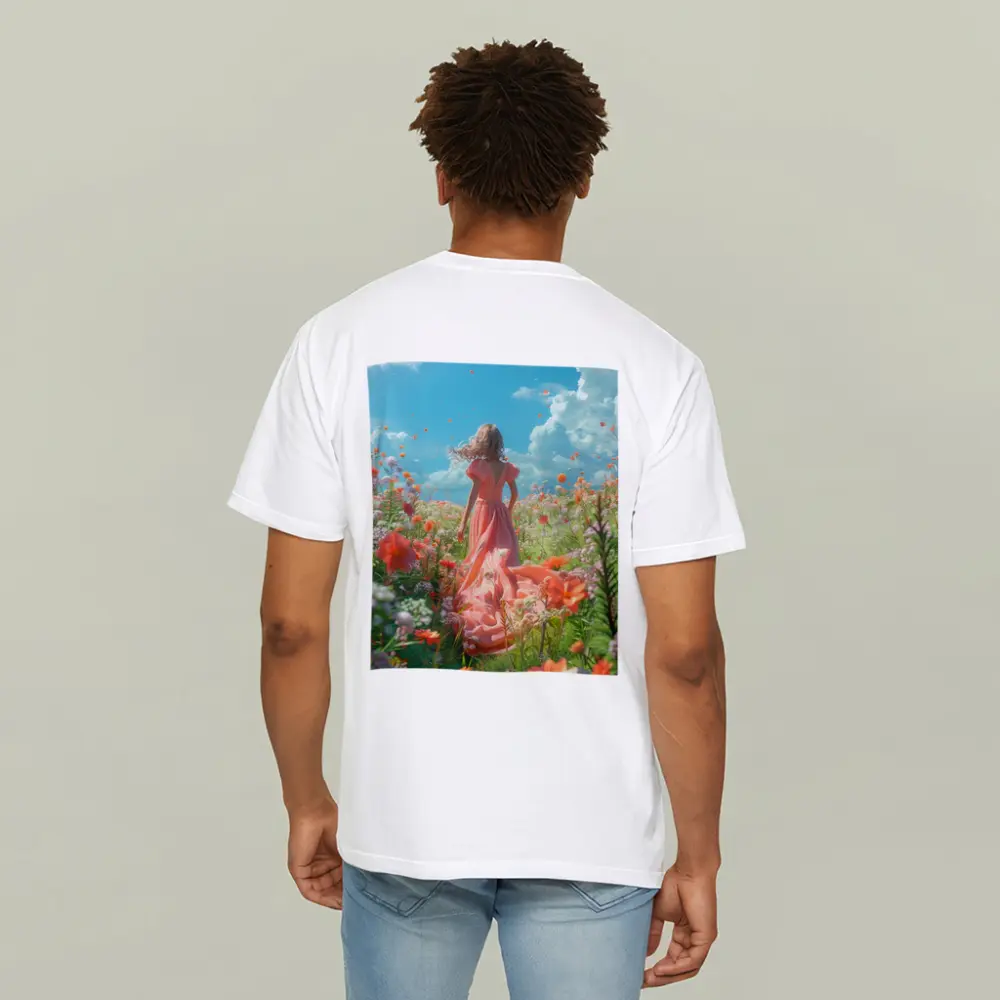 Woman in Pink Dress Walking Flower Field – T-Shirts
