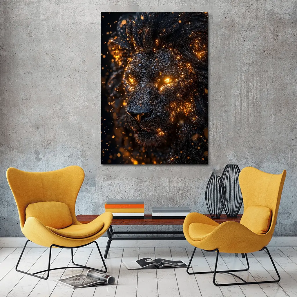 Black Lion Glowing Golden Eyes Dark Background – Wall Art