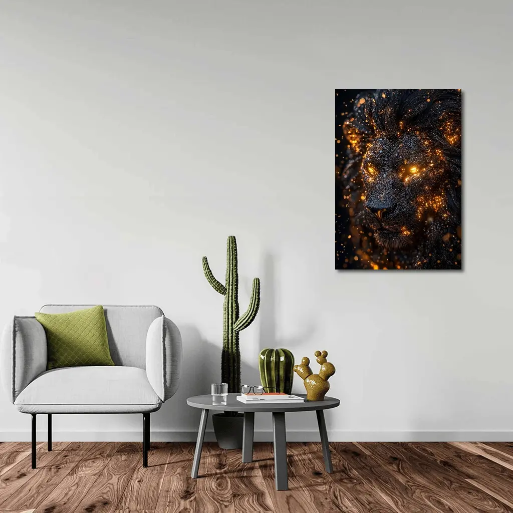 Black Lion Glowing Golden Eyes Dark Background – Wall Art