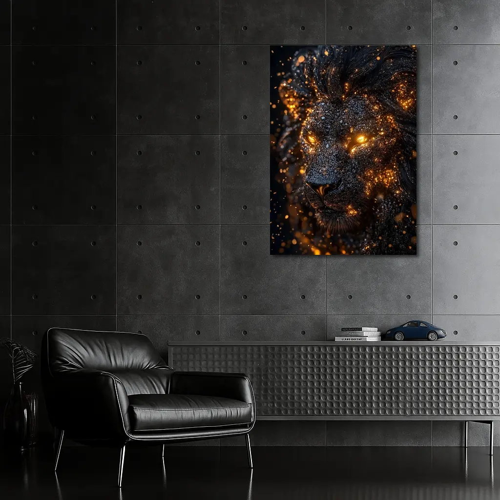 Black Lion Glowing Golden Eyes Dark Background – Wall Art