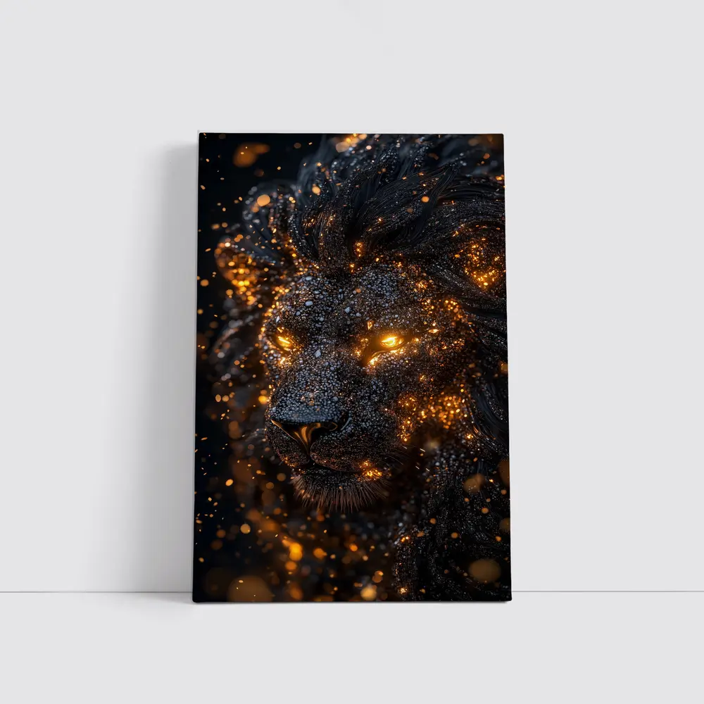 Black Lion Glowing Golden Eyes Dark Background – Wall Art