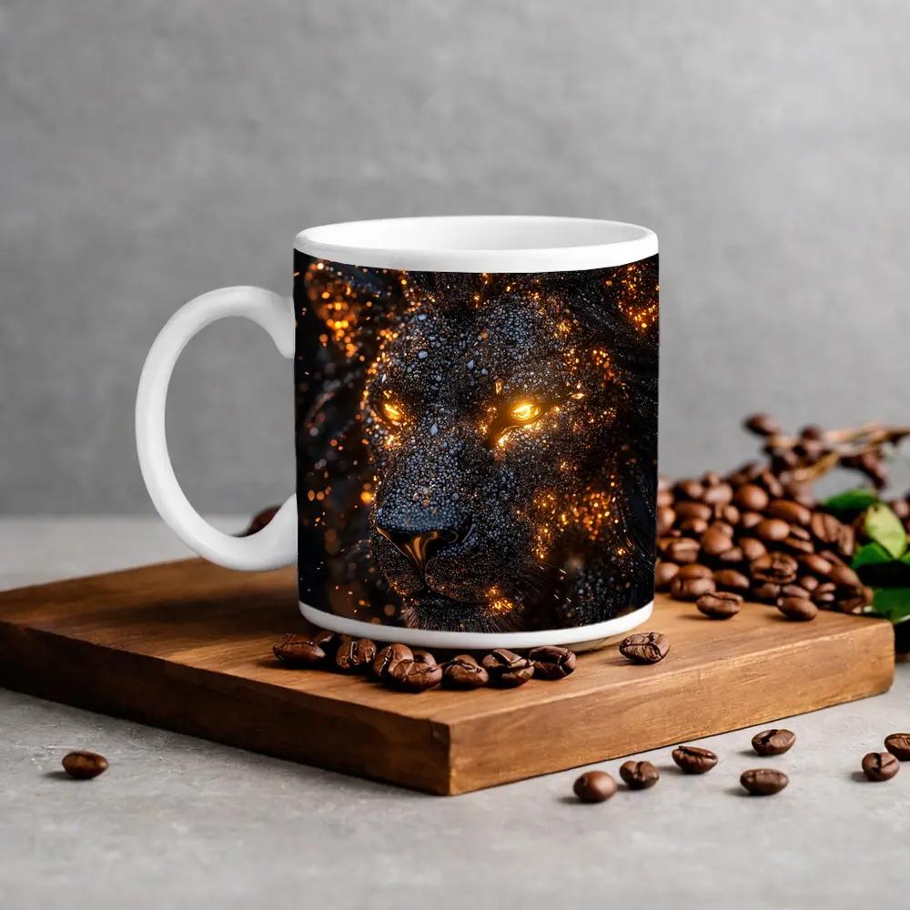 Black Lion Glowing Golden Eyes Dark Background – Mugs