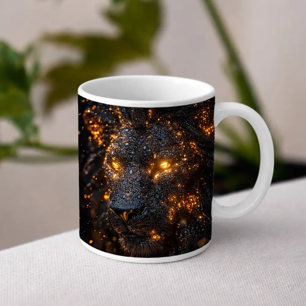 Black Lion Glowing Golden Eyes Dark Background – Mugs