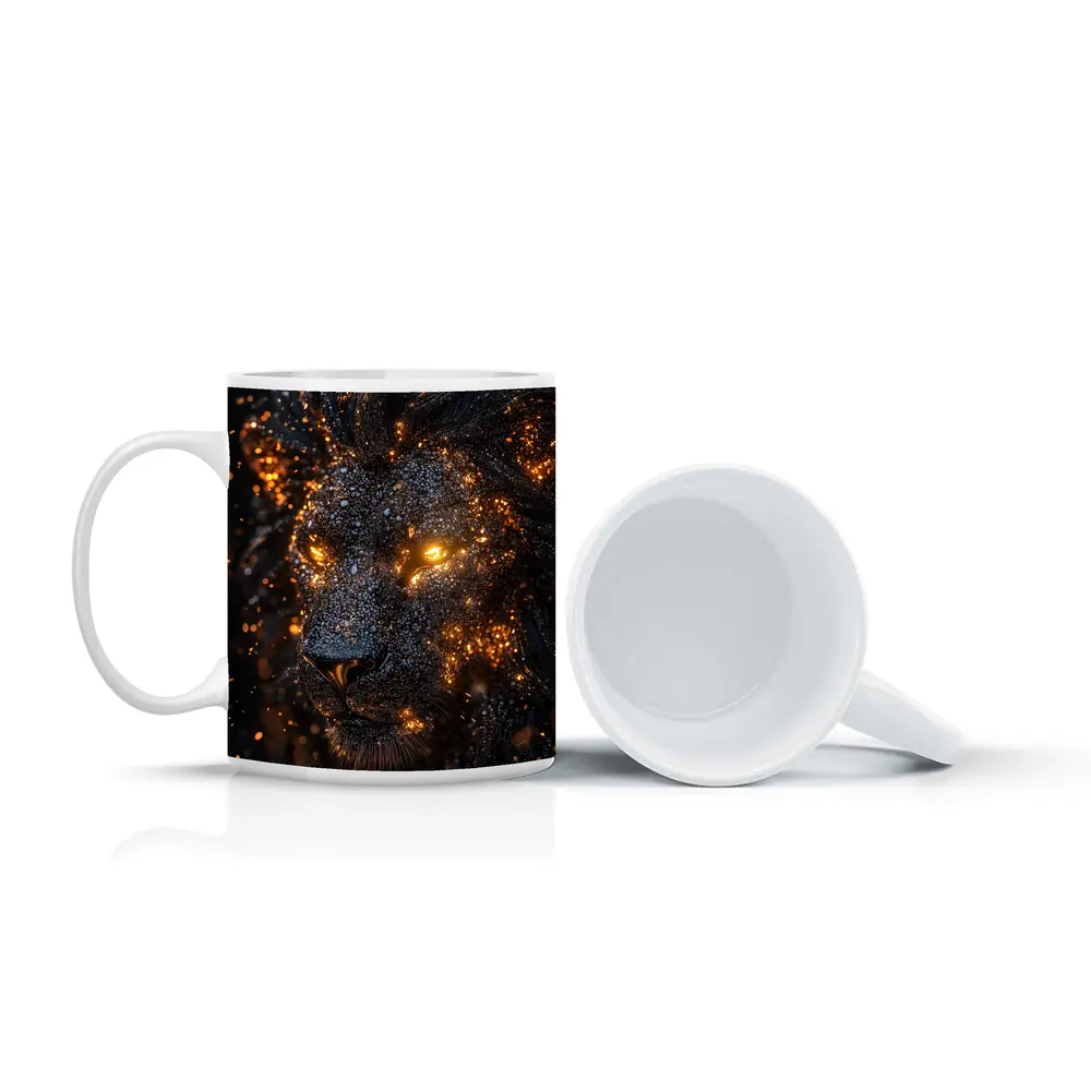 Black Lion Glowing Golden Eyes Dark Background – Mugs