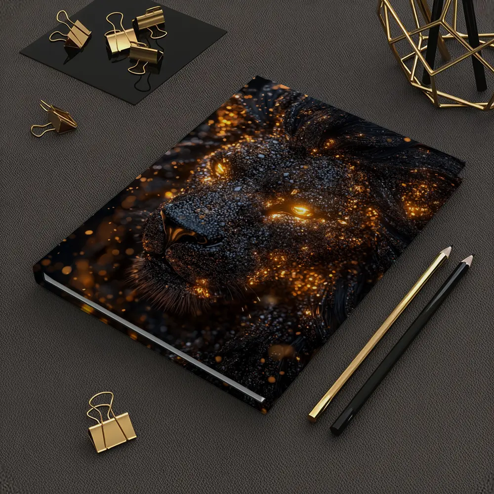 Black Lion Glowing Golden Eyes Dark Background – Notebooks
