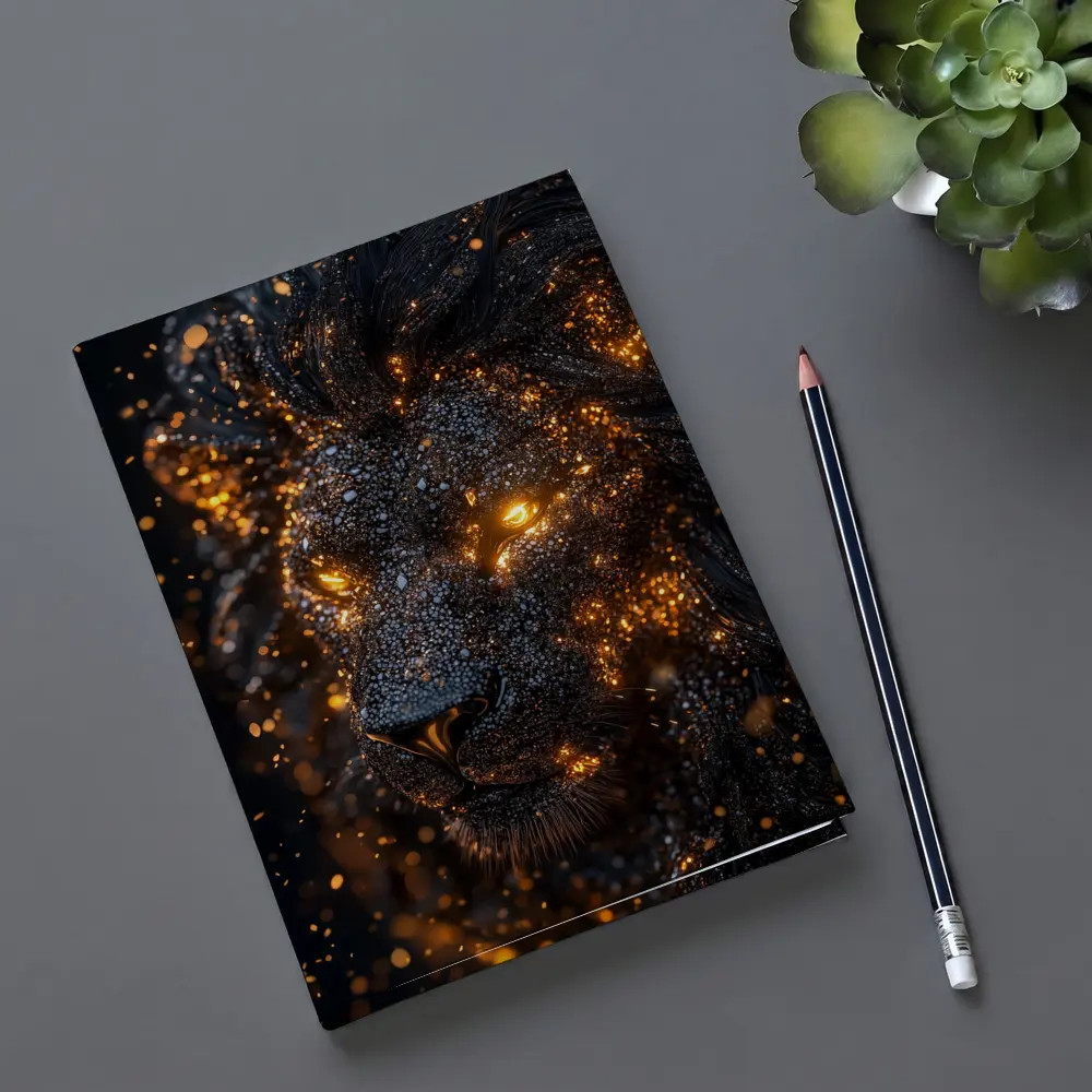Black Lion Glowing Golden Eyes Dark Background – Notebooks