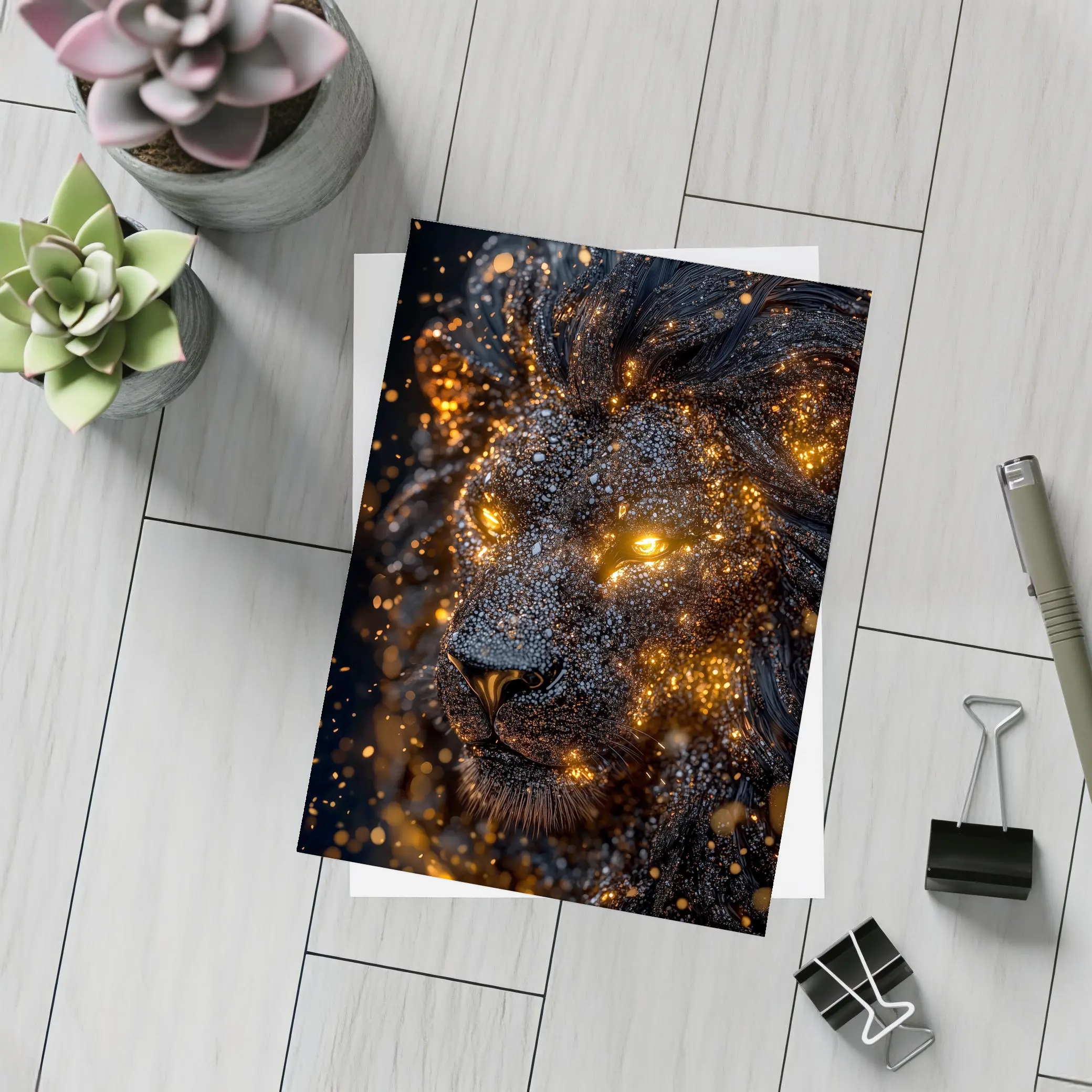 Black Lion Glowing Golden Eyes Dark Background – Postcards