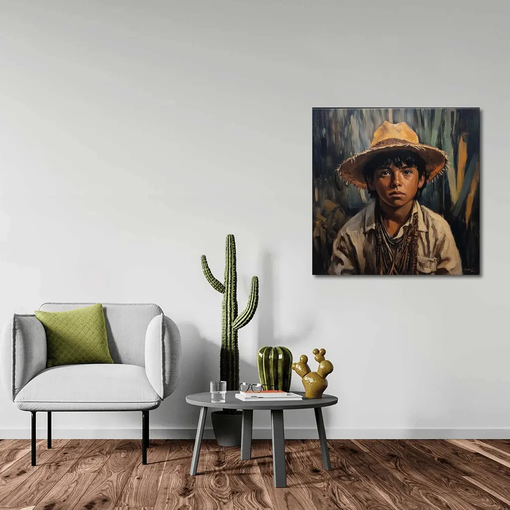 Young Boy Oil Painting Portrait Straw Hat – Wall Art