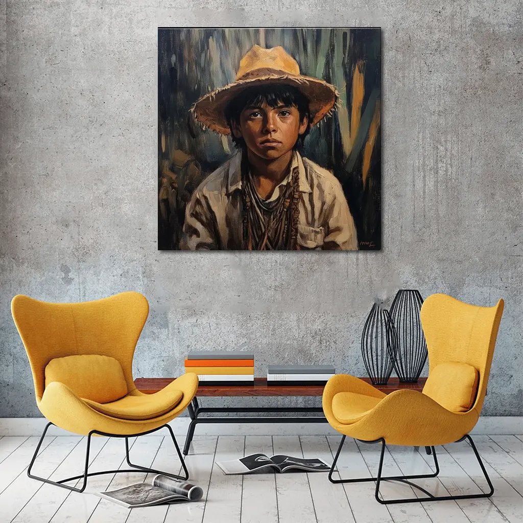 Young Boy Oil Painting Portrait Straw Hat – Wall Art