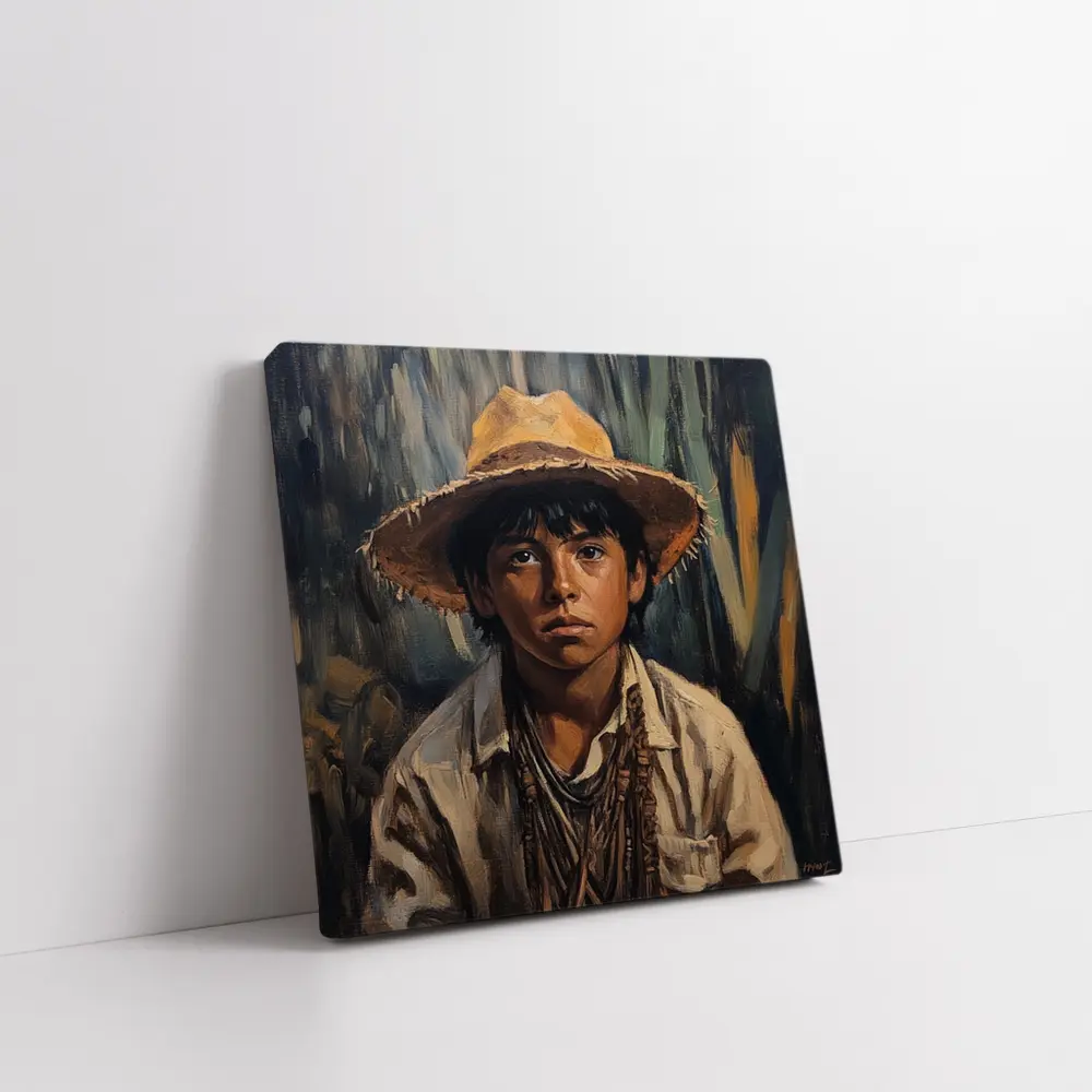 Young Boy Oil Painting Portrait Straw Hat – Wall Art