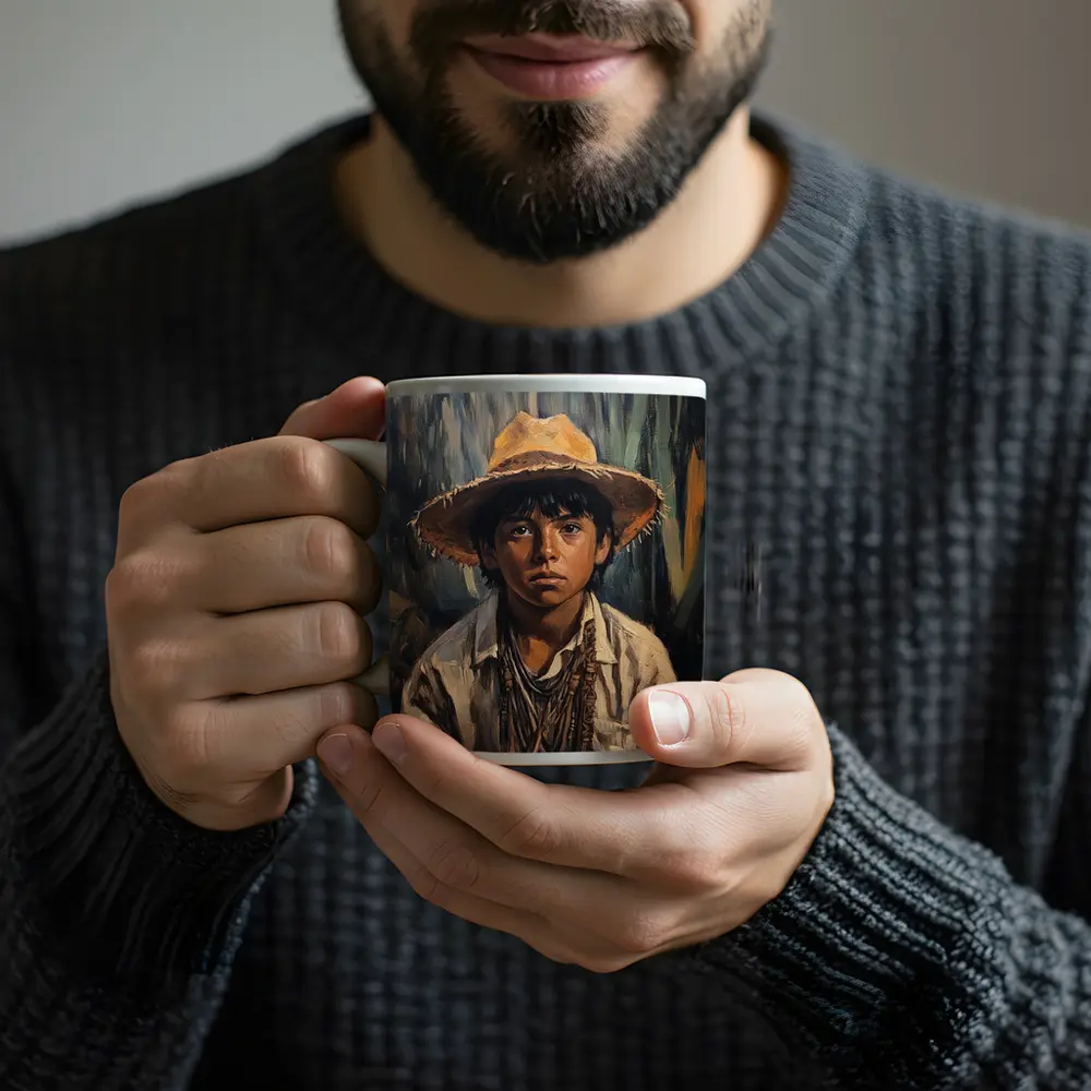 Young Boy Oil Painting Portrait Straw Hat – Mugs