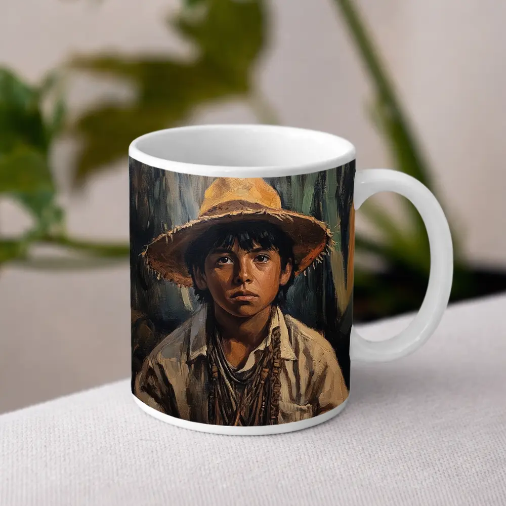 Young Boy Oil Painting Portrait Straw Hat – Mugs